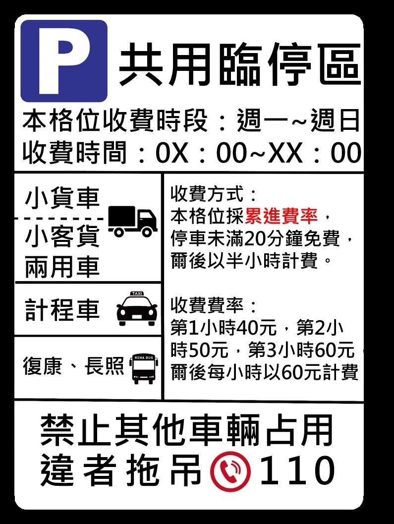 前20分鐘免費!桃園10路口推「轉角共用臨停區」 共用臨停區收費資訊。圖/桃園市交通局提供