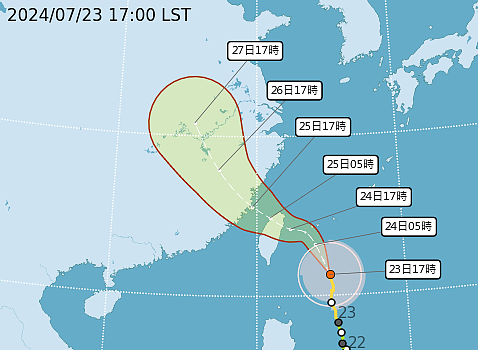 中颱凱米路徑潛勢圖。圖/中央氣象署提供