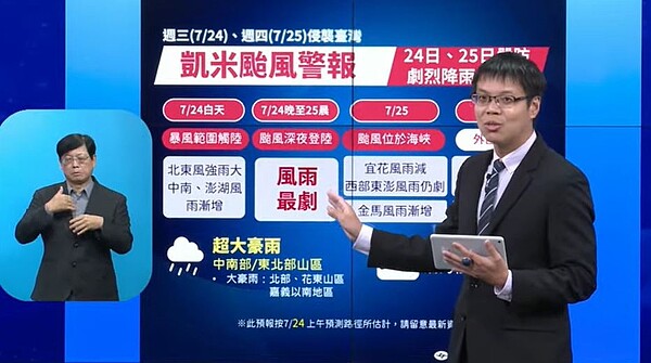 颱風「凱米」達強颱等級，今晚至明日風雨劇烈。圖／中央氣象署記者會