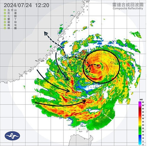 凱米颱風西南側，西北風跟西南風交會的位置，配合颱風接近北台灣，會逐漸來到中南部上空，西南氣流被引進，中南部的風雨也會逐漸起來，山區的雨勢有快速增加的可能性。圖／取自「天氣職人-吳聖宇」臉書粉專