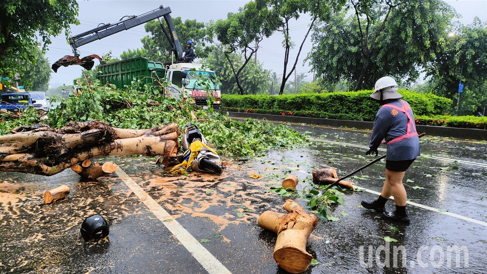 高雄盧姓婦人今天騎機車外出，遭倒下的路樹砸中，送醫不治，她的機車也遭路樹砸毀。記者林保光／攝影 