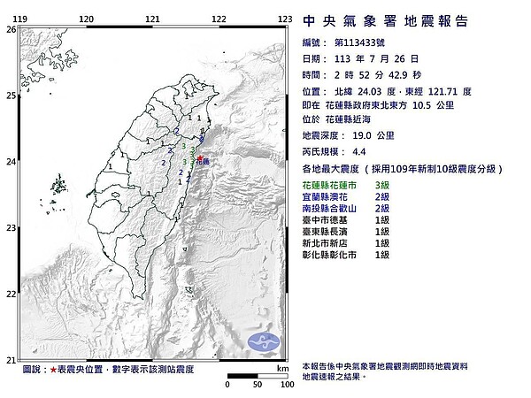 凌晨2時52分花蓮近海規模4.4地震。圖／中央氣象署