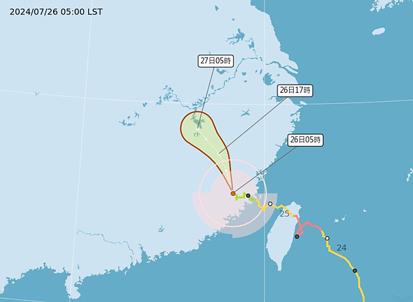 輕颱凱米路徑潛勢預報。圖/取自中央氣象署網站