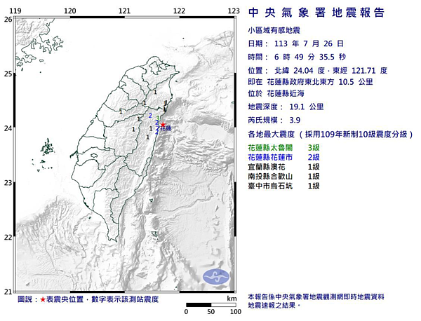 中央氣象署發布小區域有感地震報告。圖／取自中央氣象署網站