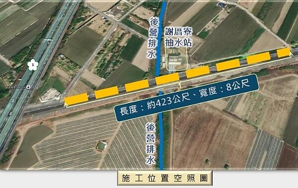 曾文溪謝厝寮抽水站前防汛專用道拓寬施工,8月5日起封閉全線道路。圖/台南市工務局提供