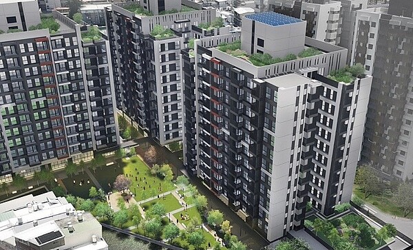 國家住都中心加速社宅興辦進度,今年7月辦理6案開工,共計1,817戶社會住宅。圖為桃園市楊梅區埔心安居完工模擬圖/國家住都中心提供