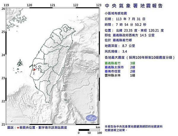 中央氣象署發布小區域有感地震報告。圖／取自氣象署網站