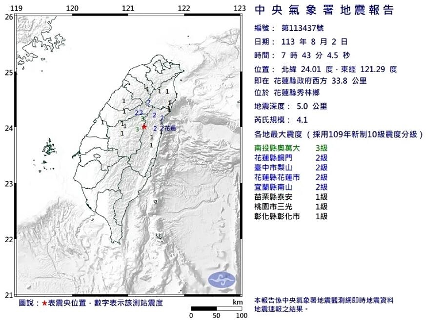 中央氣象署發布第437號顯著有感地震報告。圖／氣象署提供
