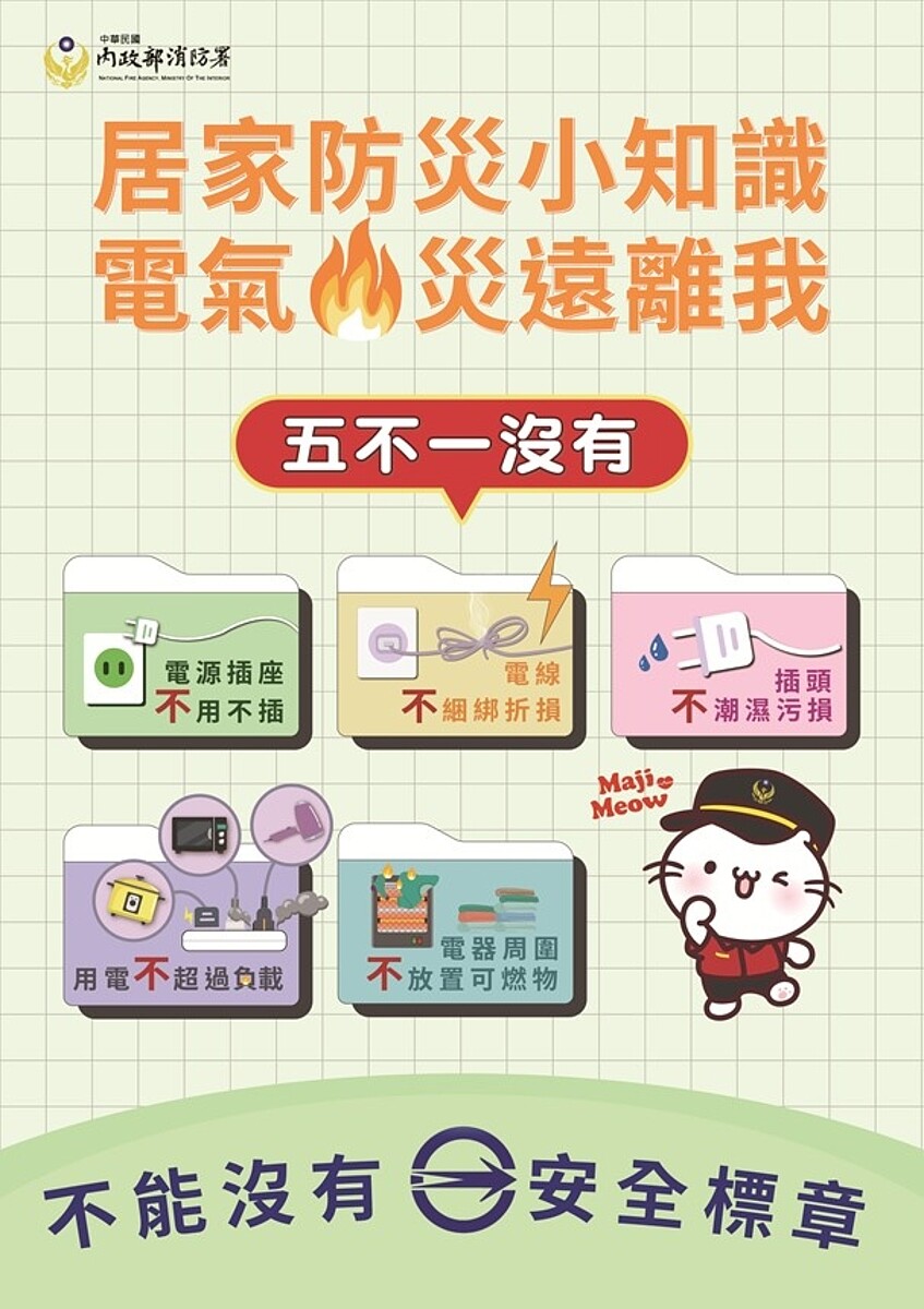 電風扇、冷氣機防火秘技! 謹記「五不一沒有」 電風扇及冷氣機等電氣產品防火秘技就是「五不一沒有」。圖/消防局提供