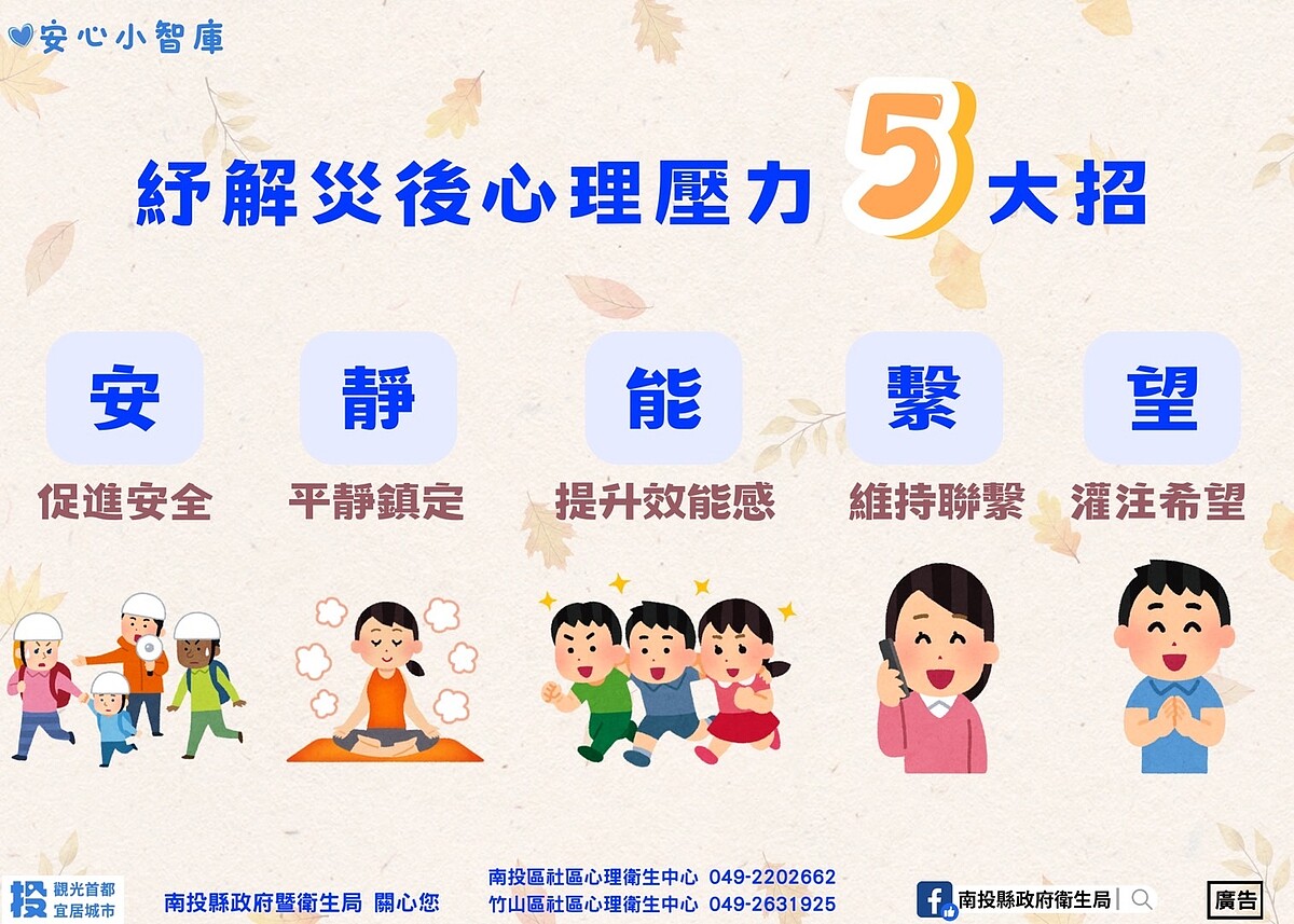 紓解心理壓力5大招「安、靜、能、繫、望」。 圖/衛生局提供