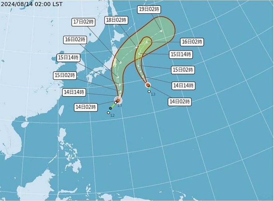 安比颱風（左）和悟空颱風（右）路徑潛勢預報。圖／取自中央氣象署網站