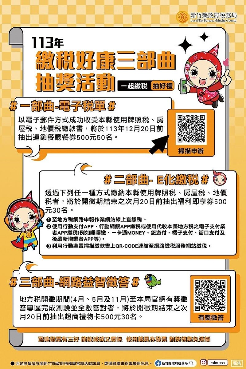 北漂族免驚!各式稅單「1動作」不怕遺失、沒收到 稅務局表示,113年申請以電子郵件方式收受新竹縣使用牌照稅、房屋稅或地價稅單成功者,將有機會獲得連鎖餐廳餐券500元。圖/新竹縣稅務局提供