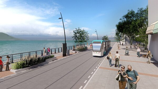 淡海輕軌第二期河岸方案模擬圖。圖/新北市政府提供