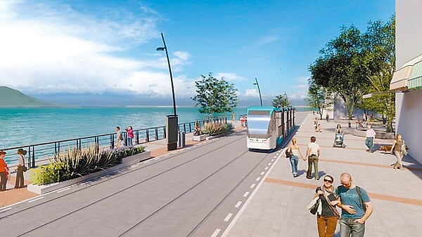 新北市捷運局「淡海輕軌第2期改行河岸方案修正計畫」28日獲交通部審查通過,圖為淡海輕軌2期河岸路線模擬圖。圖/新北市捷運局提供