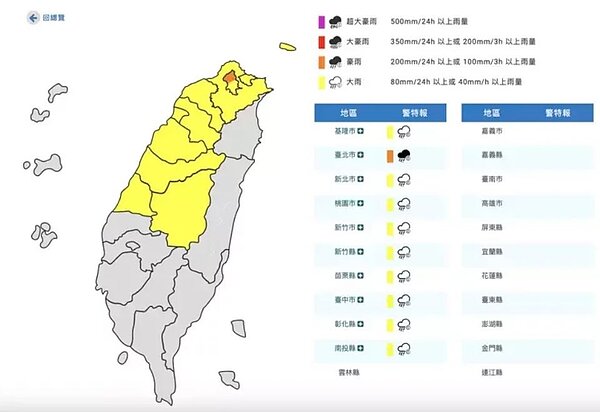 中央氣象署發布豪雨特報。圖/取自中央氣象署官方網站