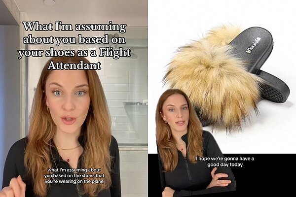 美國空姐雪兒（Cher）分享，根據她多年飛行經驗，能從乘客穿的「鞋子」，看出對方是哪種類型的人。圖／截自TikTok