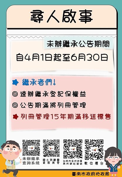 台南市有不少黃金地沒人繼承，市府地政局發出未辦繼承新聞稿圖卡，籲請民眾快來繼承，不要喪失權益。圖／擷取畫面