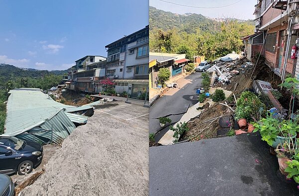 新店安泰路60巷90弄住宅門前,因地震造成邊坡坍塌地基掏空,新北市政府除安置住戶之外並進行緊急救災中。圖/新北市政府提供