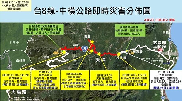 台8線中橫公路5日晚間搶通天祥以西路段,中央災害應變中心5日深夜表示,6日上午10時由警方協助護送民眾下山。圖/記者王長鼎翻攝