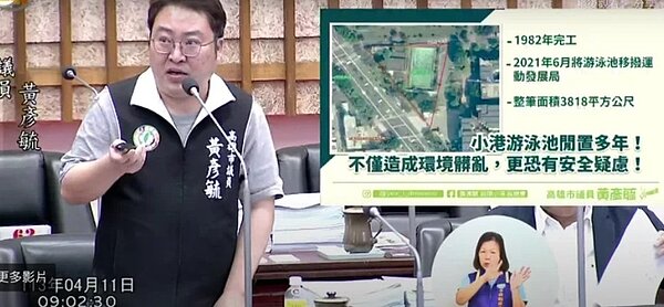 高雄市議員黃彥毓在議會質詢時，關心荒廢多年的小港游泳池，何時可以遵照去年公民座談結論，改建成停車場。圖／翻攝自高雄市議會直播
