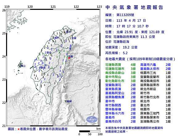 今(17)日下午17時17分發生規模5.2地震。圖/中央氣象署提供