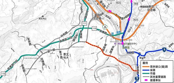 安一路是安坑新的重要聯外道路，還配置輕軌疏運，不過現在並無經過安坑交流道以東地區，新北新工處規畫安一路三期延伸工程（紅色虛線處）。圖／新北新工處提供