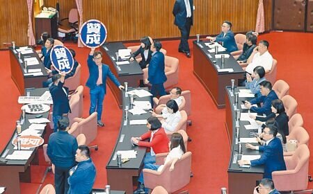 立法院19日院會針對國民黨提出的「403震災重建條例草案」進行表決，國民黨高舉「贊成」手牌，並以人數優勢通過本案逕付二讀，由國民黨團召集協商。（姚志平攝）
