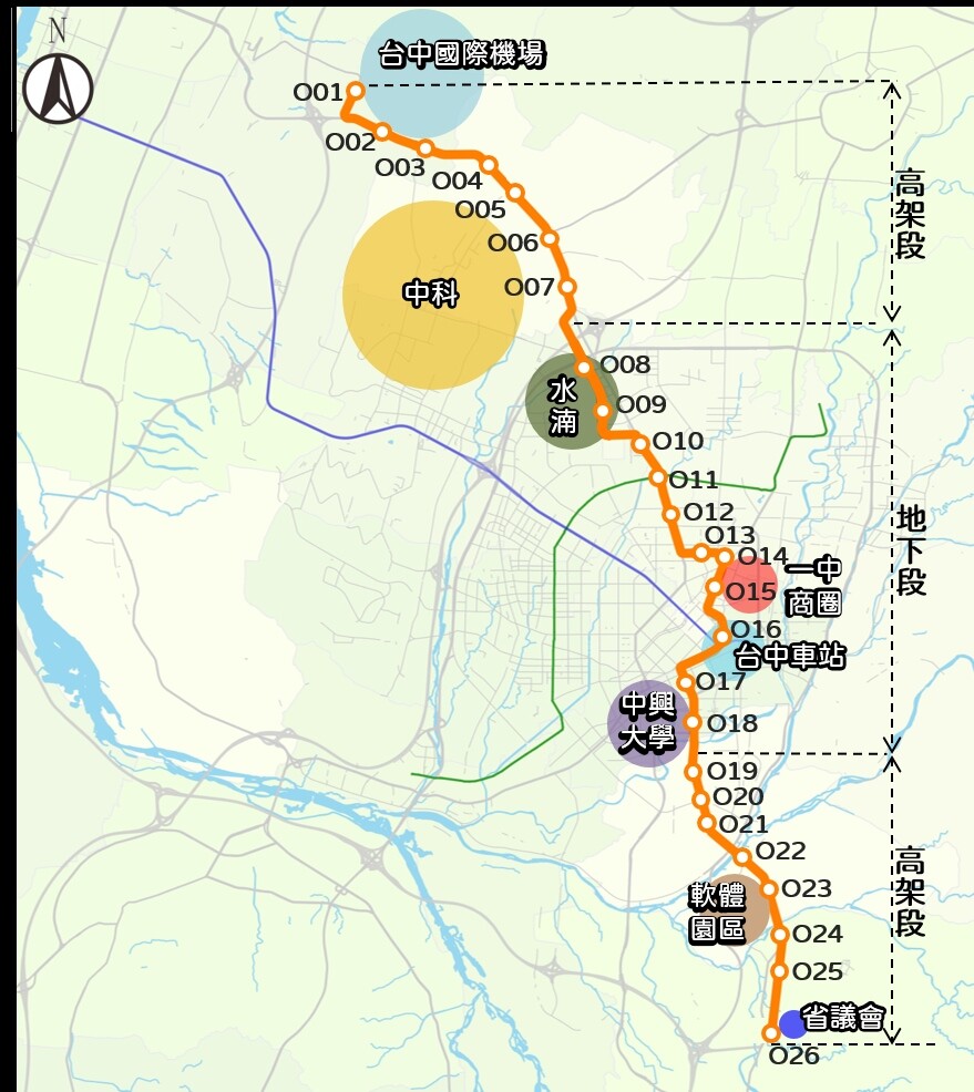 機場捷運（橘線）路線規劃示意圖，圖片台中市政府提供