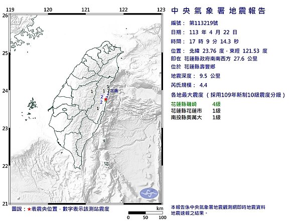 22日下午5時09分花蓮縣壽豐鄉發生芮氏規模4.4地震。圖/氣象署