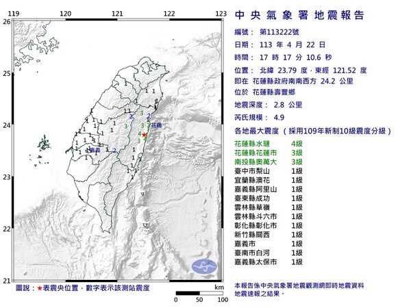 22日下午5時17分花蓮縣壽豐鄉發生芮氏規模4.9地震。圖／氣象署
