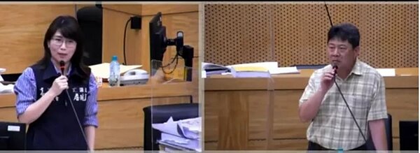 嘉縣議員詹琬蓁（左）向農業處長許彰敏（右）詢問設置雞場相關問題。圖／翻攝畫面