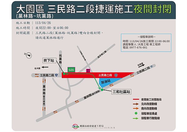 大園區三民路二段(菓林路~坑菓路)進行夜間封閉施工。圖/桃園市捷運工程局提供