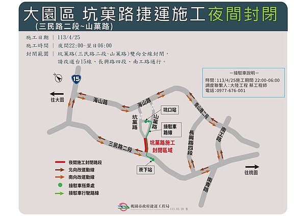 大園區坑菓路(三民路二段~山菓路)進行夜間封閉施工。圖/桃園市捷運工程局提供