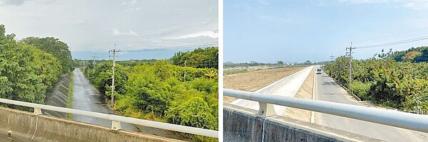 2023年910暴雨造成官姓夫婦在嘉義縣台82線快速道路中和交流道附近遭滅頂,今年汛期來了,水利署第五河川分署已加高八掌溪堤防(右圖),與未加高前堤防(左圖)對照。(五河分署提供/廖素慧嘉縣傳真)
