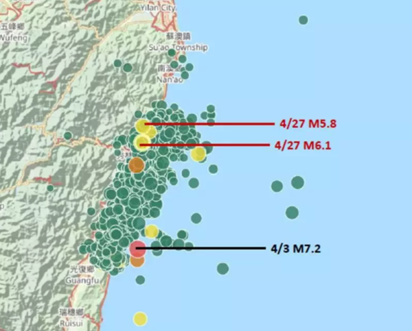 凌晨花蓮接連發生規模6.1、規模5.8地震，中央氣象署研判為0403花蓮地震餘震。圖／中央氣象署提供