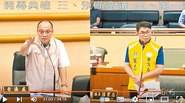 嘉義市政府辦理「嘉義大眾捷運系統藍線建設計畫」，可行性評估期中報告已送到市議會，議員孫貫志（右）29日要求路線應串聯縣、市政府，交通處長許啟明（左）回應已納入延伸線規畫。圖／取自市議會直播畫面