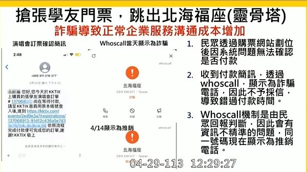 立委張啟楷收到民眾投訴，好不容易搶到張學友演唱會的票，收到付款簡訊時，數位部合作的防詐騙電話Whoscall APP卻跳出這是北海福座（靈骨塔）的電話。圖／記者陳宛茜翻攝