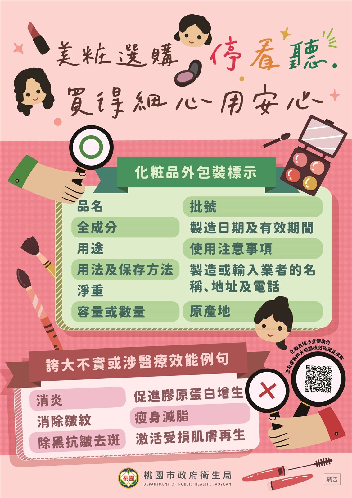 衛生局提醒，民眾選購化粧品請遵守「停、看、聽」三大原則。圖／桃園市衛生局提供