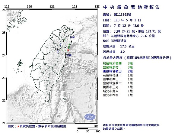 中央氣象署發布第365號顯著有感地震報告。圖／中央氣象署提供