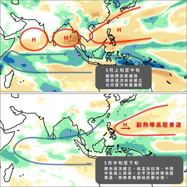 5月中旬至下旬，西南季風開始影響台灣。圖／取自「報氣候 - 中央氣象署」臉書粉專