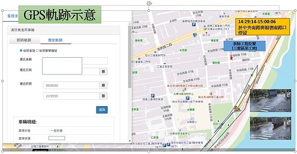 重案組同仁比對GPS軌跡分析及監視器,確認清除車輛未進入工地載運廢棄物。示意圖/新北市府提供