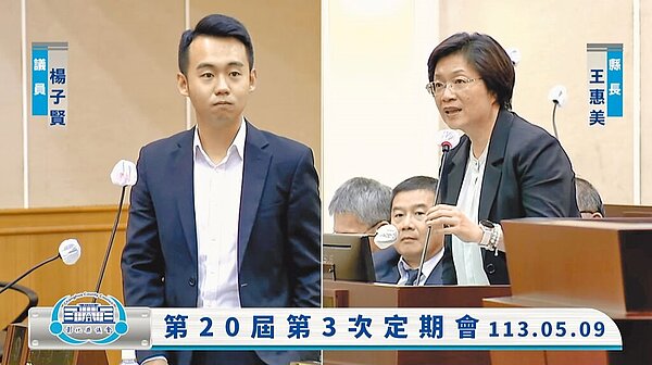 彰化縣議員楊子賢(左)9日在議會定期會中,針對住宅政策對彰化縣長王惠美(右)提出質詢。(翻攝彰化縣議會直播網站/孫英哲彰化傳真)