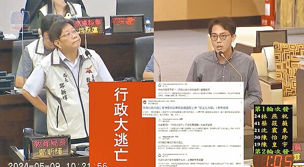 台南市議員李宗霖（右）質詢教育局長鄭新輝（左），要求降低第一線教師行政負擔，避免一再上演「行政大逃亡」。（摘自台南市議會直播畫面／曹婷婷台南傳真）