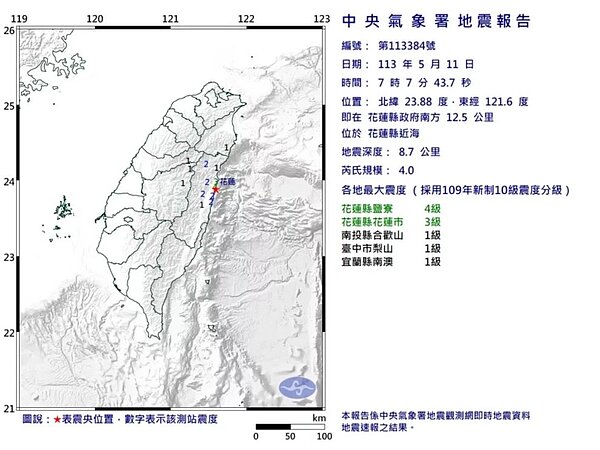 中央氣象署發布地震報告。圖／中央氣象署提供