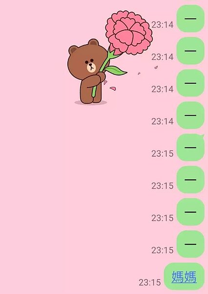 Line貼圖限定版，在對話框輸入「媽媽」，就出現熊大跳出，抱著康乃馨。圖／翻攝自Line