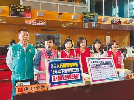 台中市議員陳俞融（左二）、蕭隆澤（左）、陳淑華（左三）、張芬郁（右三）、謝家宜（右二）、陳雅惠（右）16日質詢表示，中市15米以下道路人行道設置比例不到3成。（林欣儀攝）