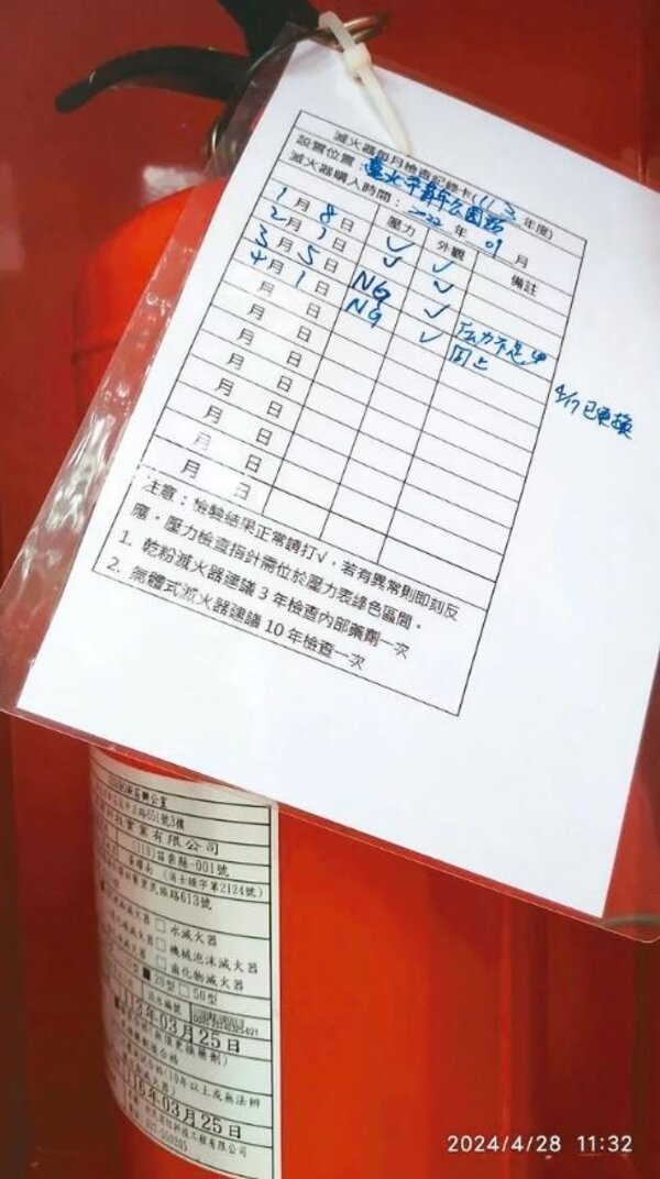 台北市現有389處營利型電動機車換電站，議員發現充換電站滅火器檢查「NG」，但沒有馬上更換。圖／議員鍾佩玲辦公室提供