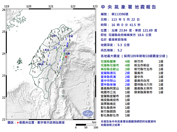 16:00發生有感地震，芮氏規模5.2。圖／中央氣象署提供