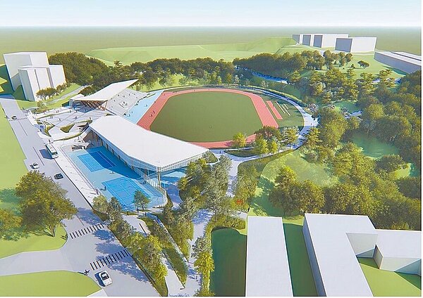 基隆市立田徑場因廠商及監造設計更換等因素,工期一再延宕,基隆市體育場長林柏樹22日表示,預計明年9月完工、年底啟用。圖為完工模擬圖。圖/基隆市政府提供