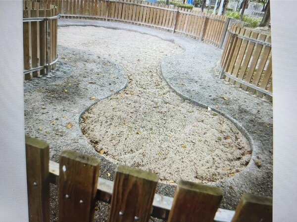 嘉義市議員戴寧質詢指出長榮公園沙坑有尖銳物會傷人。（戴寧提供／廖素慧翻攝）